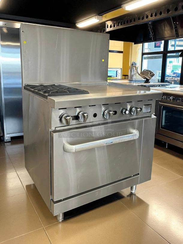 Atosa AGR-2B24GR gas range with 2 burners, 24" griddle, and oven. Stainless steel, tested and working.
