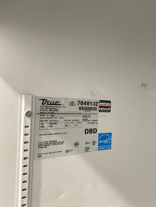 True T-49-HC 54" reach-in refrigerator label, showing model details, Energy Star certification, and manufacturing info.