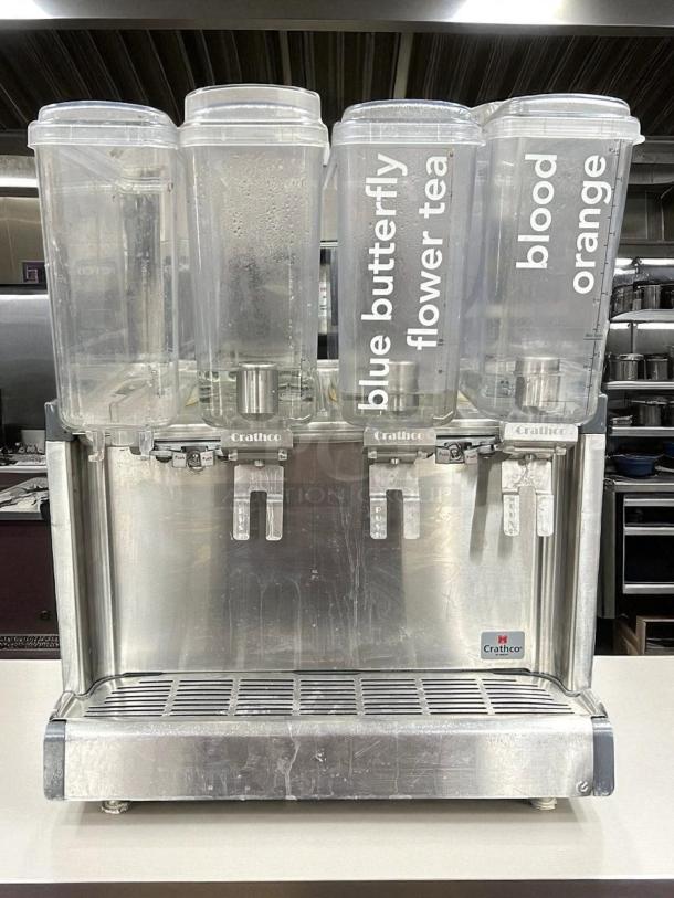 Crathco CS-4E-2/3D-16 4 Bowl Beverage Dispenser, stainless steel, labeled "blue butterfly flower tea," "blood orange," tested, 120V.