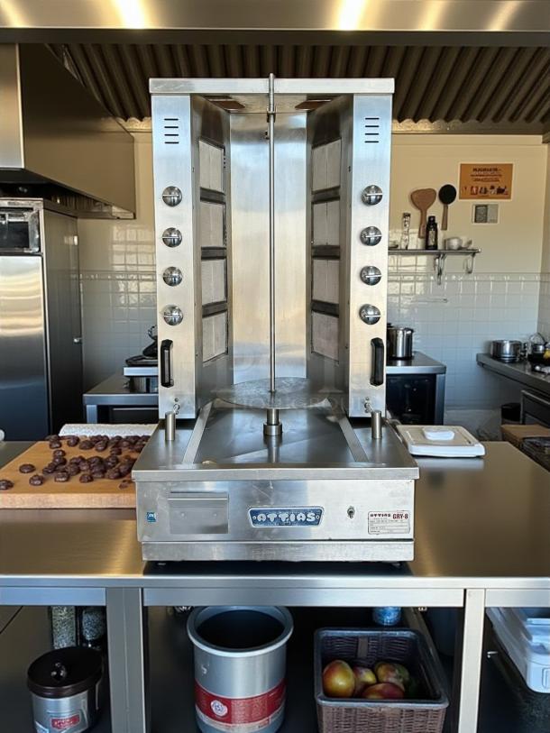 Attias GRY-8 8 Burner 100lbs Electric Gyro Machine, 120v/60hz/1ph, stainless steel, tested, working. Attias logo visible.