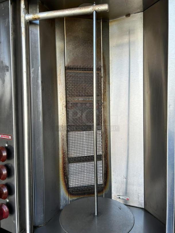 Attias GRY-8 electric gyro machine, 8 burners, 100 lbs capacity, tested working, 120v/60hz/1ph, stainless steel, used condition.