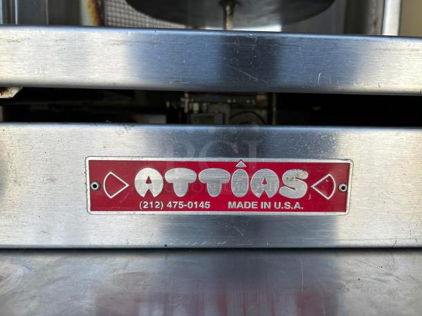 Attias GRY-8 Gyro Machine, 8 burners, 100lbs capacity, electric, 120v/60hz/1ph. Tested, working. Label shows "Made in U.S.A."