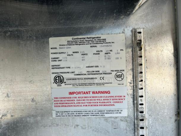Continental SW60-24M commercial refrigerator freezer label, model SW60-24M, 115V, R-134a refrigerant, ETL and NSF marked.