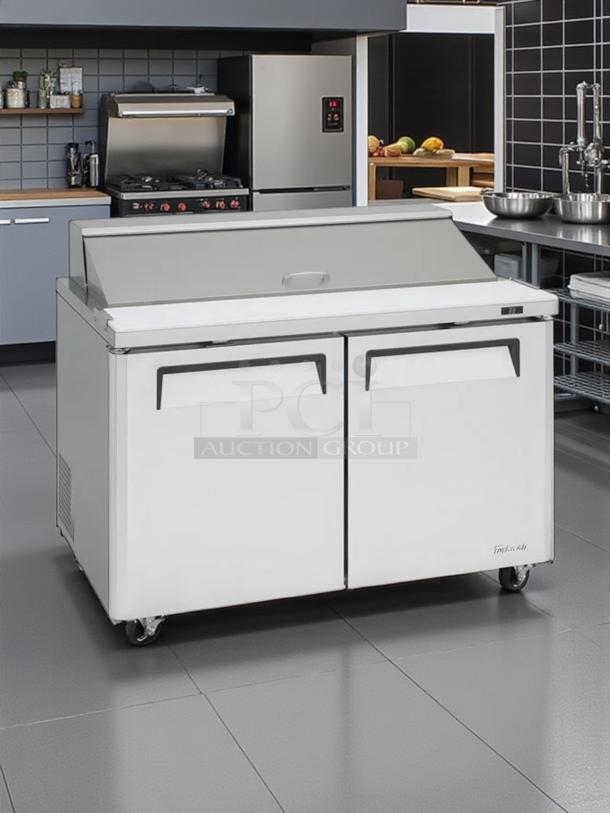 Turbo Air MST-48-N 48in sandwich/salad prep table in great condition, fully tested and working, on caster wheels.