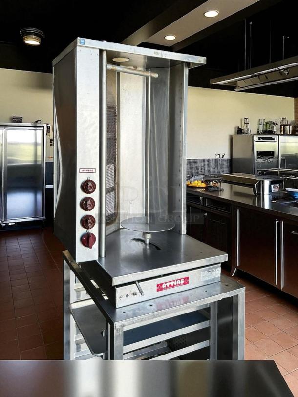 Attias S4Y-4 Gyro Machine, gas vertical broiler, excellent condition, tested and working, stainless steel, USA-made.