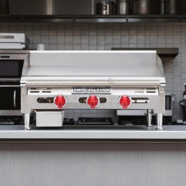 Brand new American Range AETG-48 gas griddle with thermostatic controls, 3/4" steel plate, natural gas, red knobs.