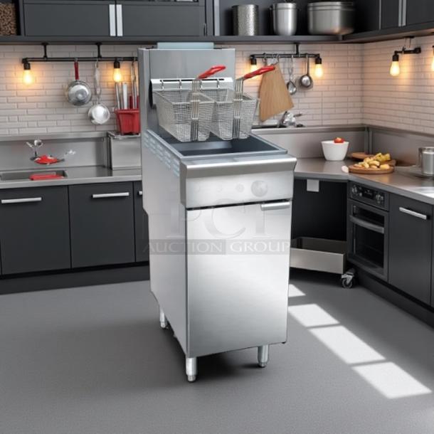 New Black Diamond BDGF-ES35/NG gas fryer, 35 lb vat, floor model, natural gas, stainless steel, pristine condition.