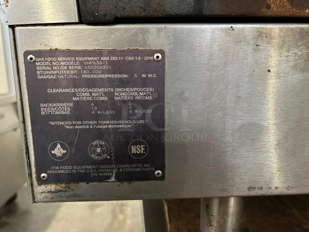 Vulcan VHP636 gas range label showing model, serial number, 180,000 BTU rating, and pressure specifications.