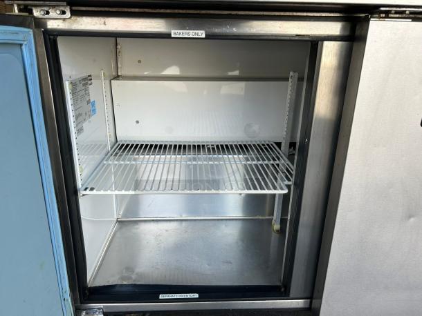 True TWT-72 worktop refrigerator, stainless steel, interior shelving, "Bakers Only" label visible, tested, 72 3/8" wide.