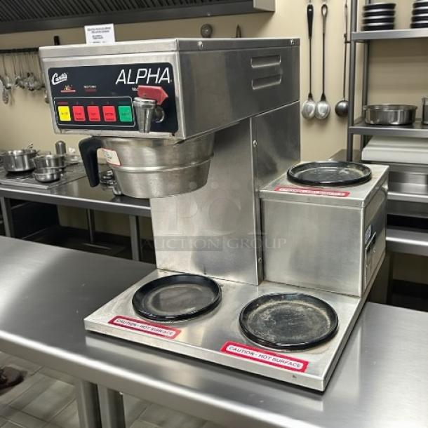 Curtis ALPHA 3DR coffee brewer, stainless steel, 12-cup capacity, 3 lower warmers on right, excellent condition, 120V.