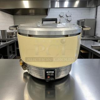 Rinnai RER55ASN 55-cup capacity commercial gas rice cooker, natural gas, excellent condition, labeled controls, stainless steel exterior.