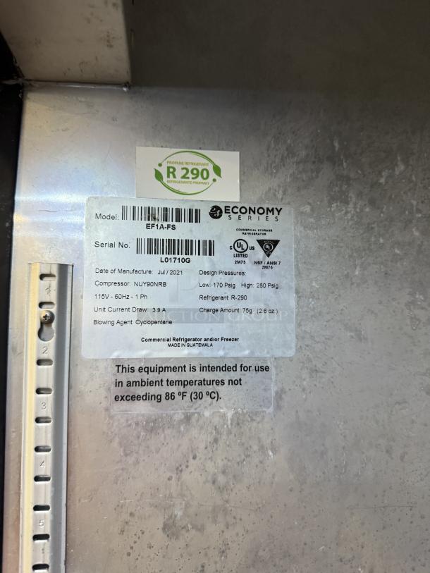 Economy Series EF1A-FS Reach-in Freezer, tested and working. Features R-290 refrigerant, manufactured July 2021.