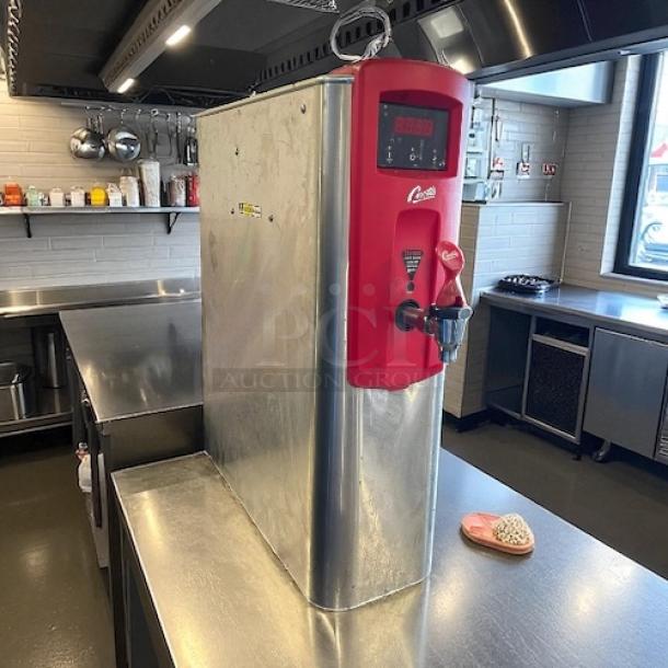 Curtis WB5NL hot water dispenser, 5-gal, 120-220v/1ph, stainless steel, excellent condition, fully tested, red front panel.