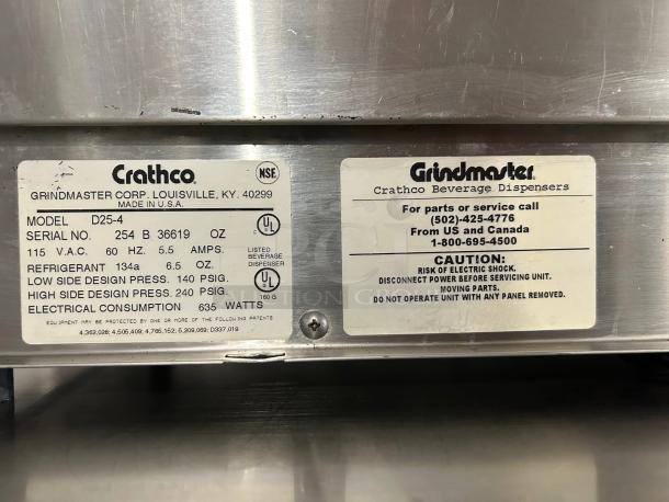 Crathco D25-4 drink dispenser label, Model: D25-4, 115V, 5.5 Amps, 6.5 oz refrigerant. Made in USA. Caution: electrical shock risk.