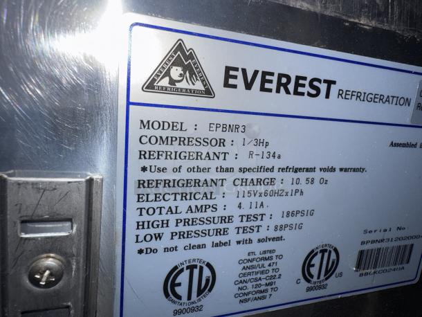 Label for Everest Refrigeration EPBNR3, showing model, compressor, refrigerant type, and electrical specs.
