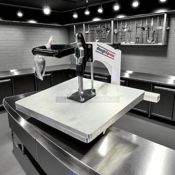 DoughXpress TXM-15 15" x 15" manual tortilla dough press with aluminum platens. Tested, working, white finish.