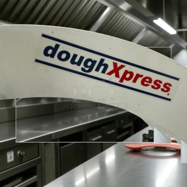 DoughXpress TXM-15 tortilla press, 15"x15", manual, aluminum platens, white; features logo, tested and working condition.