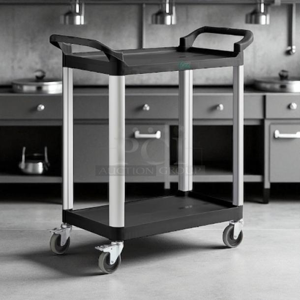 Brand new Choice CARTLG2BK small bus cart, black, two shelves, 24"x16". Includes sturdy handles and wheels for easy mobility.