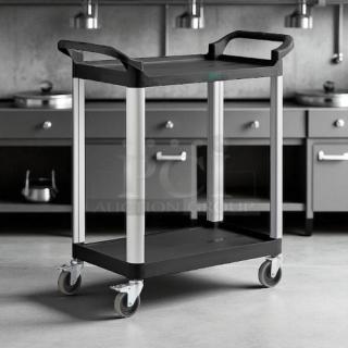 Brand new Choice CARTLG2BK small bus cart, black, two shelves, 24"x16". Includes sturdy handles and wheels for easy mobility.