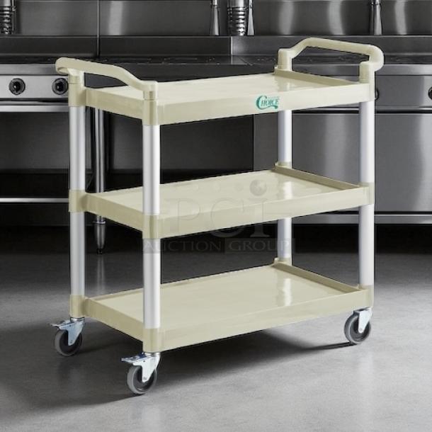 Brand new Choice beige utility cart; 31"x19" with two shelves, in factory box. Features sturdy handles and wheels.