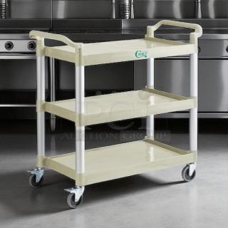 Brand new Choice beige utility cart; 31"x19" with two shelves, in factory box. Features sturdy handles and wheels.