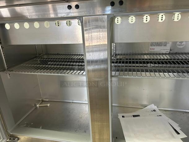 Continental Refrigerator SW48-N-18M sandwich prep table, stainless steel, dual shelf interior, R290 label, fully tested.