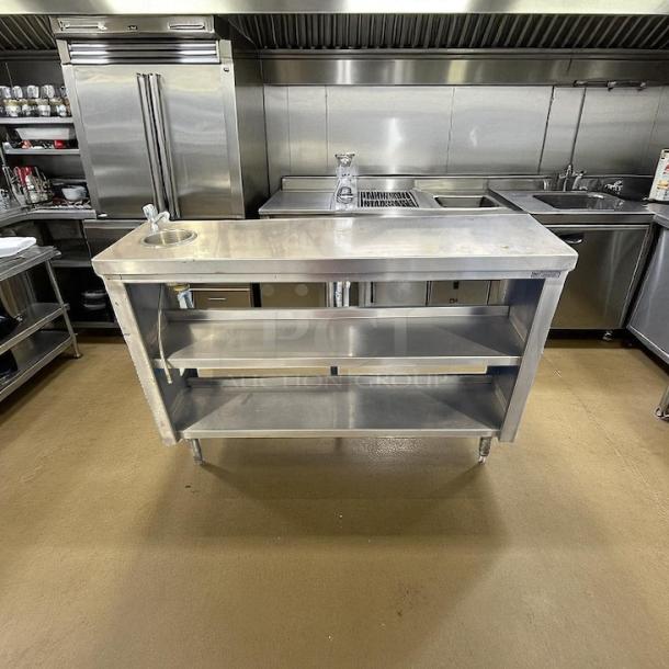 Stainless steel 52" custom table with hand washing station, two shelves, sturdy construction, and no visible markings.