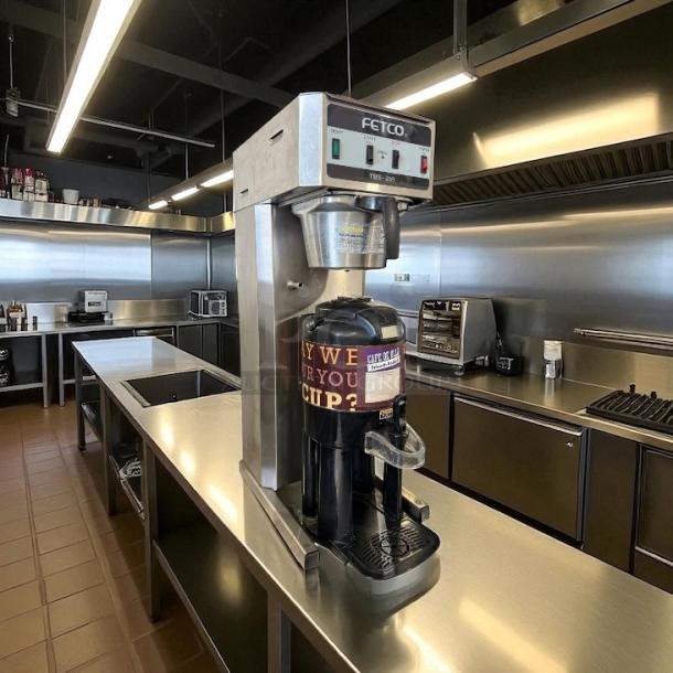 Fetco TBS-21A Tea Brewer, excellent condition, fully tested, 120V, stainless steel, commercial kitchen setting.