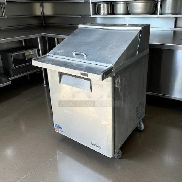 Turbo Air MST-28-N stainless steel sandwich prep table, excellent condition, one door, fully tested, on casters.