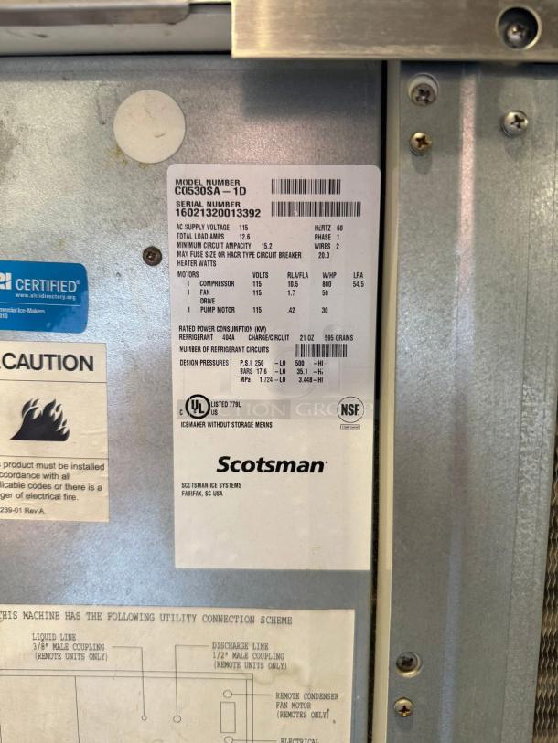 Scotsman C0530SA-1 Ice Machine label, shows model and serial number. Air-cooled, 500lb capacity, fully tested, working condition.