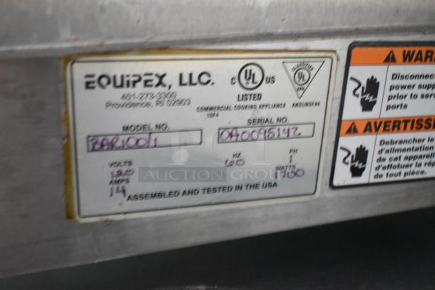 `Equipment label showing manufacturer EQUIPEX, LLC. Model: BAR1001. Serial No: 0400CA5147. UL listed. Assembled in USA.`