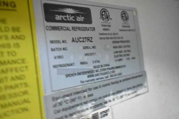 Arctic Air commercial refrigerator model AUC27RZ label, showing specifications and certifications including ETL and Intertek.