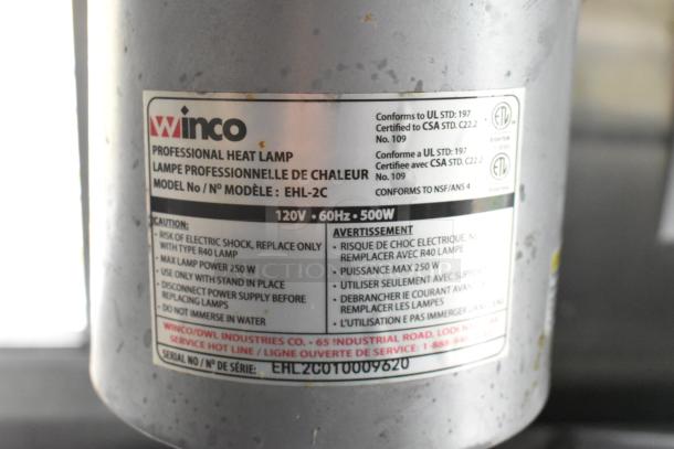 Winco professional heat lamp, Model EHL-2C, 120V, 60Hz, 500W. Includes cautionary label details regarding usage.