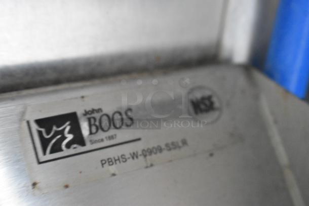 John Boos label on metal surface, showing model PBHS-W-0909-SSLR and NSF certification marking.