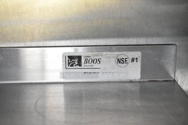 Metal surface with "John Boos" label indicating NSF certification. Part of fully outfitted former Popeyes food trailer equipment.