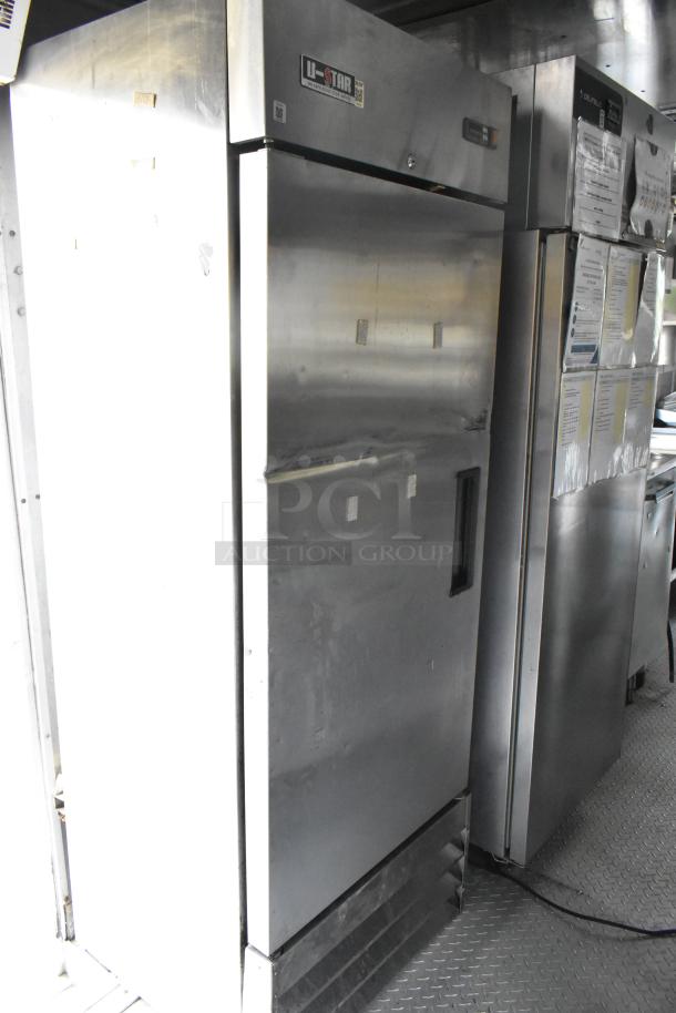 Former Popeyes food trailer interior featuring U-Star cooler, stainless steel appliances, and clear title.