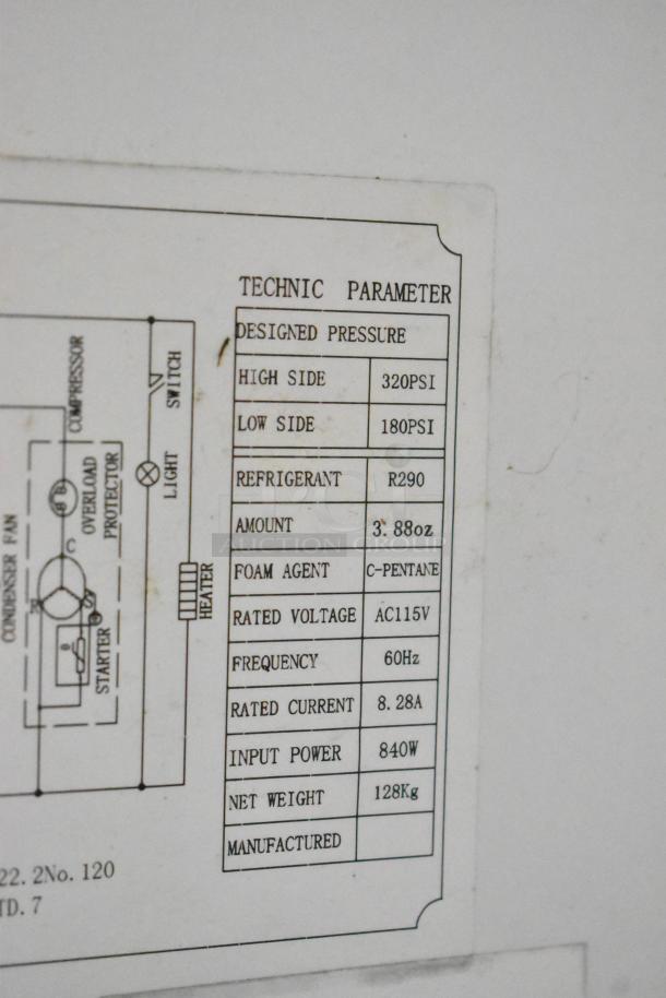Technical label showing equipment specifications: 320 PSI high pressure, 180 PSI low pressure, R290 refrigerant, 60Hz.