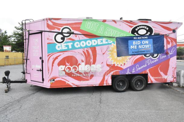 2020 Goodees food trailer in vibrant pink, equipped with appliances, clear title, featuring promotional graphics.