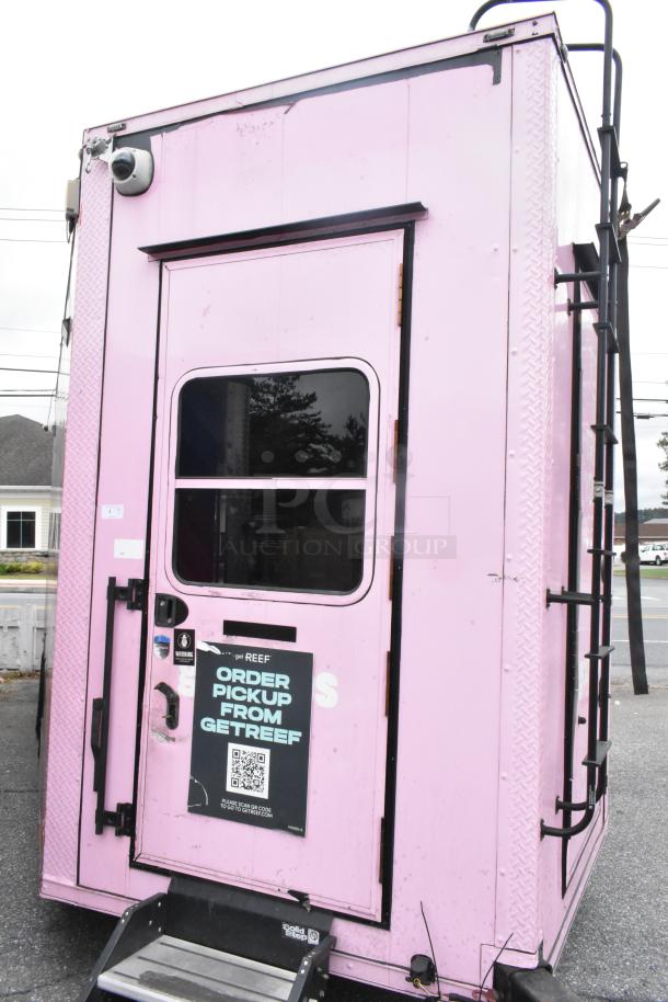 Pink 2020 Goodees food trailer with order pickup sign, equipped as mobile kitchen. Includes cooler, freezer, blender, shelving.