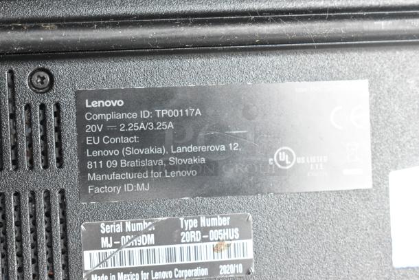 Laptop compliance and serial label, Lenovo brand, model MJ-00N9DM and type 20RD-005HUS. Displays electrical specs and manufacturing details.