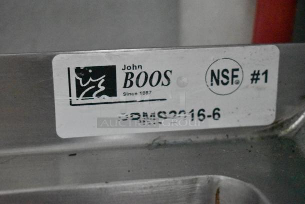Label showing "John Boos" branding, NSF certification, and model number BMS2016-6 on metal surface.