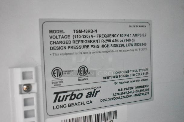 Label on Goodees 2020 food trailer appliance, model TGM-48RB-N, voltage 110-120V, Turbo Air brand.