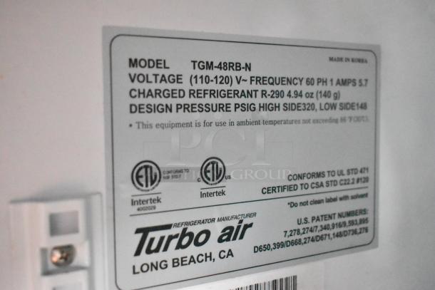 Label displaying Turbo Air refrigeration model TGM-48RB-N specifications, including voltage, refrigerant, and certification details.
