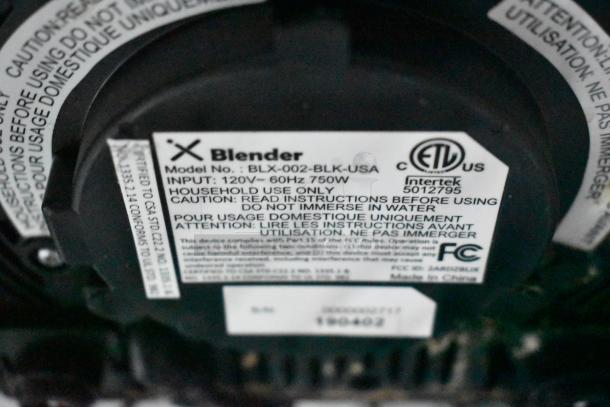 Label on Goodees food trailer blender, model BLX-002-BLK-USA, 120V, 60Hz, 750W, household use only. Warning: do not immerse.