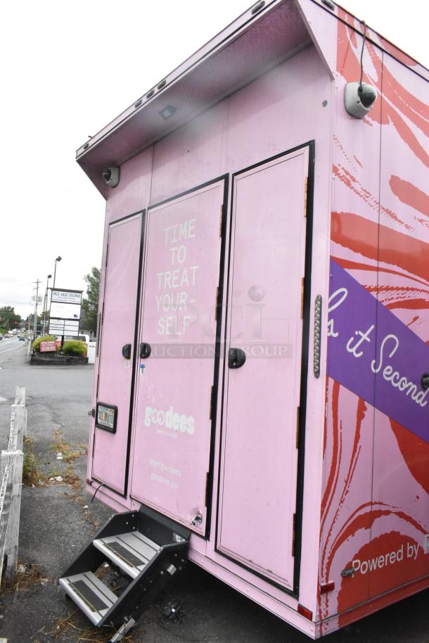 2020 Goodees Food Trailer in pink with "Time to Treat Yourself" text. Features steps, vivid design. Ready for business.