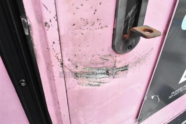 Exterior detail of 2020 Goodees Food Trailer showing wear, with pink paint and door handle.