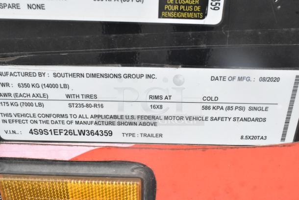 2020 Goodees food trailer label, VIN 4S9S1EF26LW364359, by Southern Dimensions Group, 14,000 lbs GVWR, mfg date 08/2020.