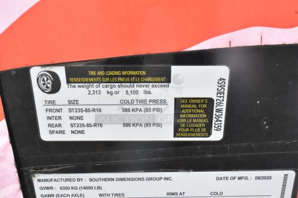 Label on 2020 Goodees food trailer showing tire and loading info, VIN 4S9S1EF26LW364359, GVWR 6350 kg, MFG date 08/2020.