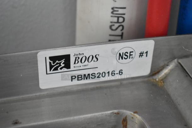 Label on a stainless steel sink by John Boos, marked PBMS2016-6, NSF certified.