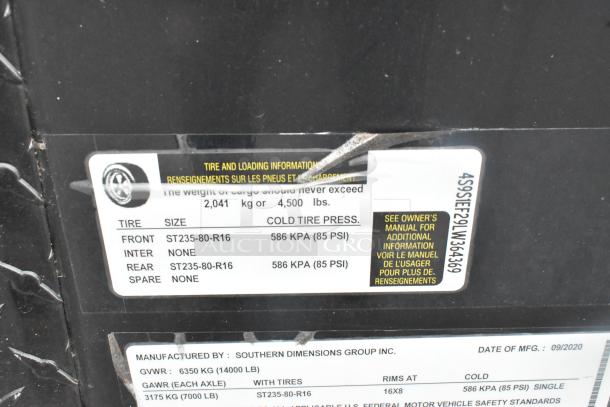 2020 Southern Dimensions Group Trailer label showing tire and loading information, GVWR 6,350 KG (14,000 LB), manufactured 09/2020.